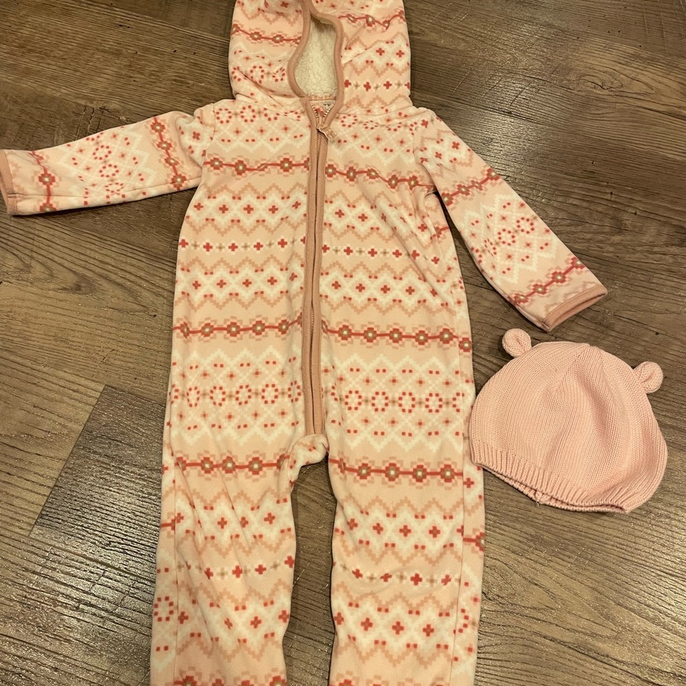 Carter's Pink Hooded Onesie and knit beanie hat with ears (size 12-24 months)